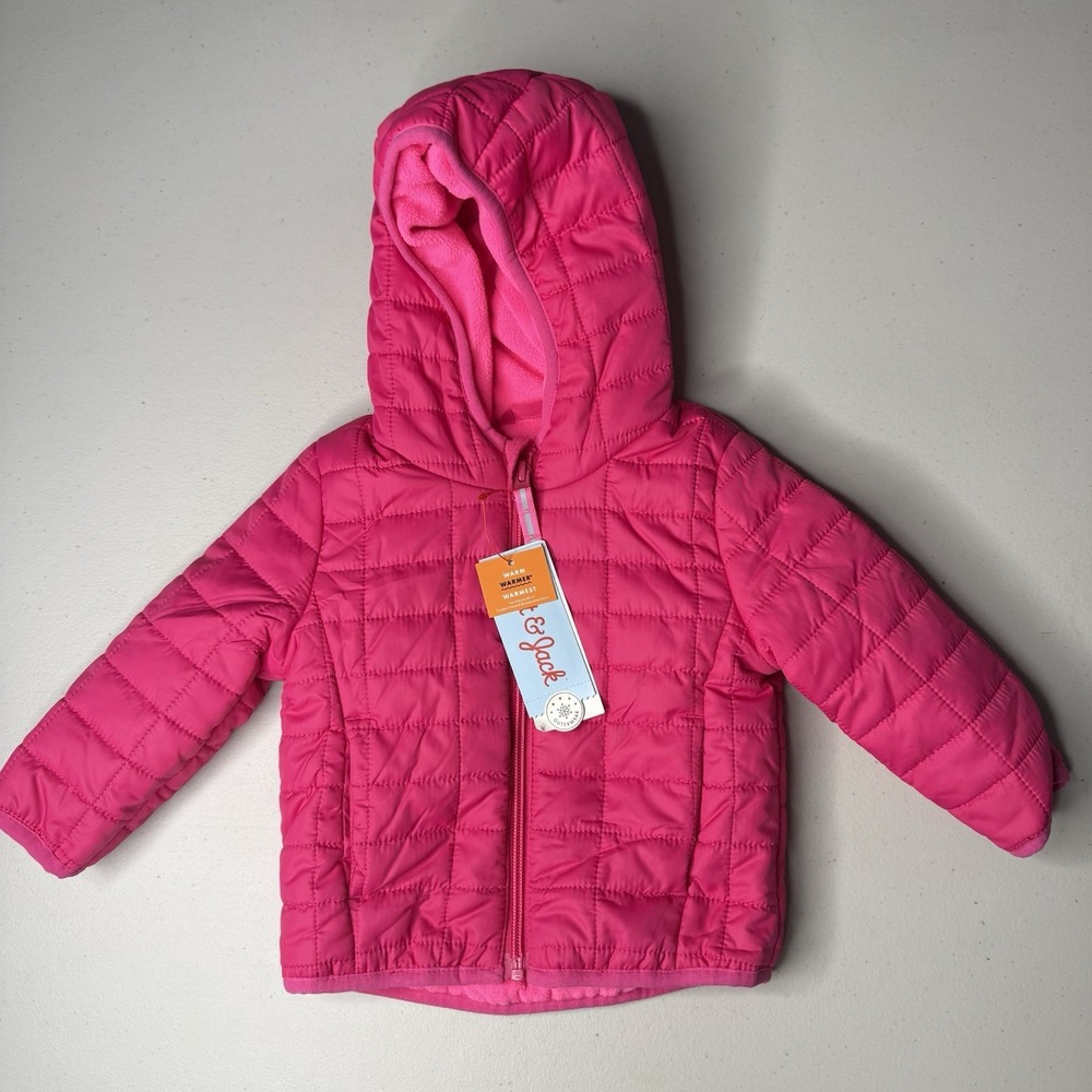 NWT Cat & Jack Baby Size 12M Pink Quilted Puffer Zip Hooded Jacket Fleece Lined